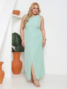Vestido Longo Mídi Plus Size Em Twill Clássic Fenda Elegante - Verde Menta - Visão 3