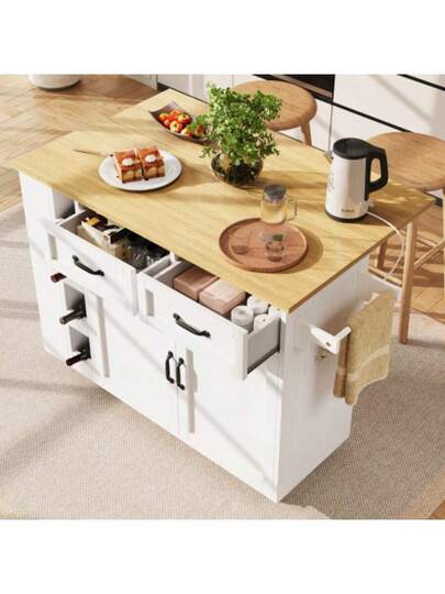 Kitchen Isl Cart Equipped Power Strip, Cabinet, Removable Serving Wine Rack, Buffet Dining Wood Grain, Wit view 3