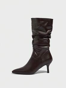 بوت جلدية غربية خفيفة الوزن متينة متعددة الاستخدامات للنساء في فصل الخريف/الشتاء، بوت منتفخة مريحة متوسطة الساق مناسبة لأي مناسبة، بوت كعب قطة، حفلات - قهوة بني - مشاهدة 2