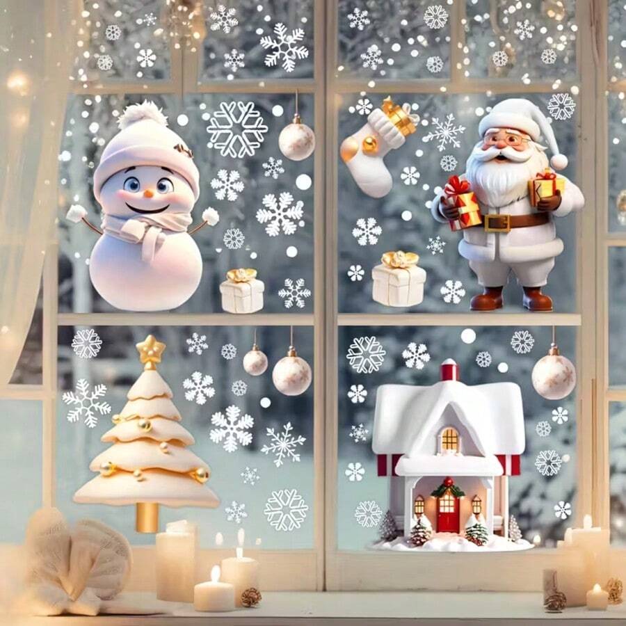 3pcs Christmas Window Clings - Santa, Snowman, Gingerbread, Suitable For Men And Tree Designs - PVC Static Clings, Suitable For Home, Office, Party Decor - Reusable Holiday Window Decorations (No Residue), Indoor Christmas Decor, Seasonal Home Decor