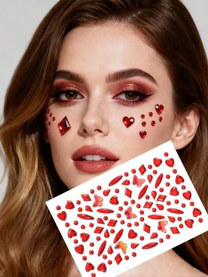 1 Stück rote Schmetterling Strass Gesichts-Schmuckaufkleber, 3D Strass Dekorationsaufkleber, süß & niedlich Make-up Aufkleber, geeignet für Valentinstag, Bühnenauftritte, Festivals
