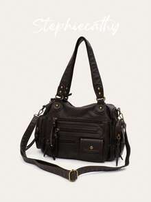 STEPHIECATHY Tas Selempang Wanita, Ukuran Kecil, Unisex, Gaya Retro Kasual Praktis, Cocok untuk Perjalanan Sehari-hari ke Kampus, Terbuat dari Kulit Imitasi PU Lembut Warna Polos, Penutup Resleting, Desain Multi-Saku, Dua Tali Bahu Pendek, Sabuk Pinggang yang Dapat Diatur. - Kopi - View 2