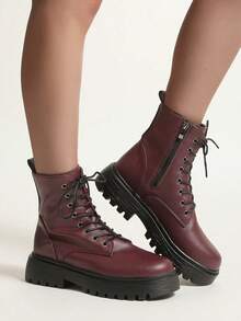 Women's Autumn/Winter New Burgundy Boots, Thick Heel, Round Toe, Lace-Up, Motorcycle Boots, Versatile, Stylish, Unisex, British Style Combat Ankle Boots - Burgundy - View 7