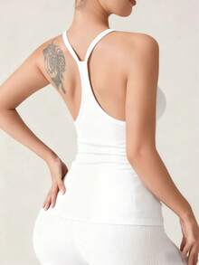 4-Season Versatile U-Neck White Backless Camisole, Fitted Breathable Outer/Inner Wear, Fashionable Racerback Sleeveless Top With Chest Pads, Casual Sports Tank - White - View 5