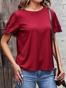 Blusa dama mujer lisa cuello redondo mangas cortas doble vuelo detalle borde relajado suave sedoso ligera cómoda fresca moderna elegante versátil femenina trabajo paseo cita reunión evento de día primavera verano estilo sofisticado casual - Naranja Quemada - Ver 2