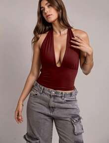 Women's Cropped Top Ties Multi-Form Elegant Versatile Casual Occasional Blogger Double Suplex Lining - 酒紅色 - 查看 4