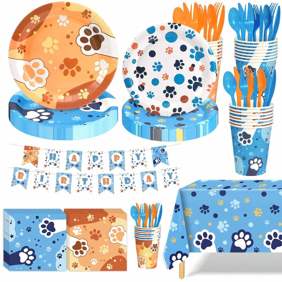 170pcs Party Supplies Birthday Decorations, Disposable Paper Tableware Set, Birthday Decorations, For Themed Party, Tea Party, Birthday Gift, Party Favor, Party Tableware, Disposable Food Tray, Birthday Cake Tray, Party Napkins, Tablecloth, Serves With 24 Includes Plates And Napkins, Banner, Cups And Tablecloth, Bows Birthday Decorations (Bow, Strawberry, Butterfly, Cherry, Puppy And Other Themes) - 狗狗 - 查看 1