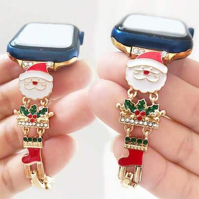 1 pezzo Cinturino in metallo con elementi natalizi compatibile con Apple Watch Ultra SE Serie 1-10, adatto per Apple Watch 38mm/40mm/41mm/42mm/44mm/45mm/46mm/49mm, con decorazioni di Babbo Natale, campane natalizie e renne, cinturino intelligente regolabile adatto come regalo di Natale (solo cinturino, orologio non incluso)
