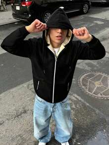 A Men's Casual Polyester Hooded Jacket With Long Sleeves, Low Elasticity, Open Hem, Zipper Closure, Regular Style, Autumn And Winter Coat, Thick Version