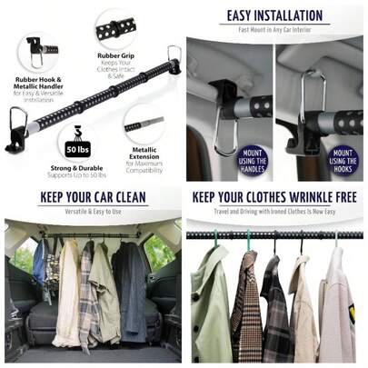 Zone Tech In - Car Expandable Clothes Bar - Classic Black Premium Quality Expandable Clothes Bar
