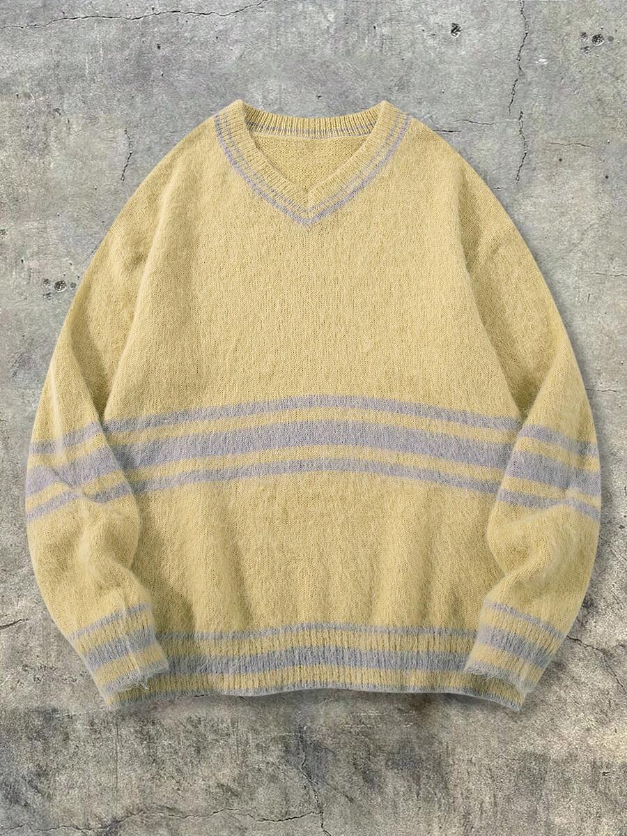 ANDREILEE 男士条纹毛绒保暖圆领长袖套头毛衣，欧美街头时尚，春、秋、冬三季皆宜 - 黃色 - 查看 1