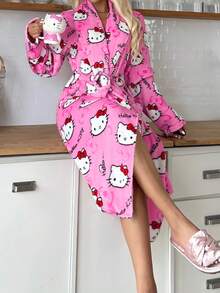 1件SANRIO Hello Kitty女士毛绒睡袍，可爱优雅，秋冬季保暖舒适。 - 玫紅色 - 查看 5