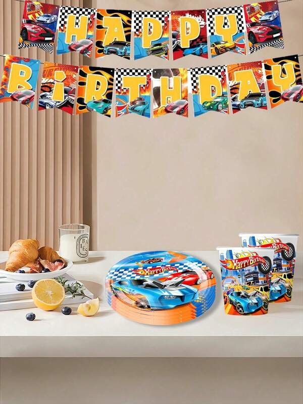 Hot Wheels Theme Disposable Tableware Set, Christmas, Halloween, Thanksgiving, Birthday Party Paper Plates, Paper Cups, Tissues, Banners, Tablecloths, Car-Themed Decorations, Party Supplies.