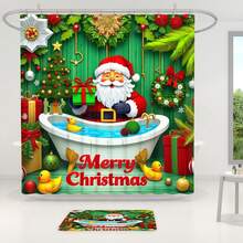 1pc/4pcs Green Christmas Shower Curtain Set: Santa Claus Bathtub Gift Theme, Elegant Housewarming Shower Curtain Gift, Modern Home Bathroom Decor Curtain, Shower Curtain With 12 Hooks, Non-Slip Bath Mat, U-Shaped Toilet Mat, Toilet Lid Cover, Bathroom Decor Set