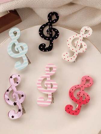 6pcs Polka Dot & Musical Note Hair Clips, Unique & Fun Hair Clips, Solid Color Note Hair Clips, Cute & Sweet For Girls, Side Bangs Striped Duck Clip Hair Accessories, Holiday Gift, Suitable For Parties And Events
