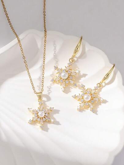 1 Set! Luxuriöser Schmuck-Set mit Strass & Perlen Schneeflocke, elegant für Weihnachtspartys & täglichen Wintertragen, Halskette & Ohrringe Kombination