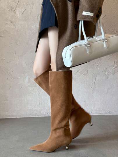 尖头高跟过膝靴，绒面革宽松过膝长靴，女士秋冬款