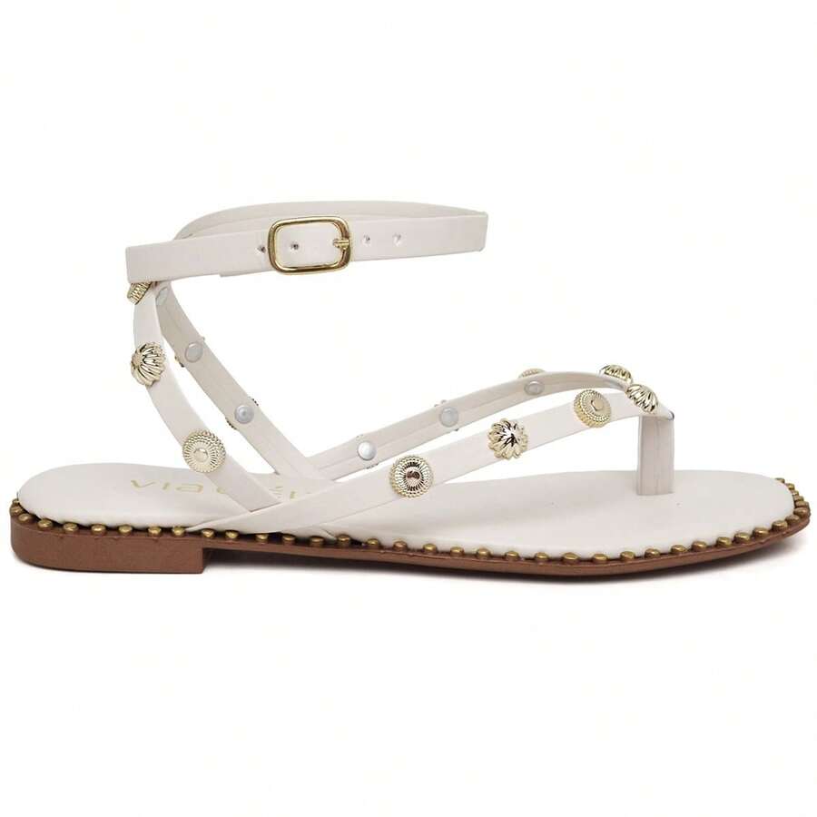 VIA CLEIA Women's Flat Sandals Square Toe With Spikes In Leather Tropical Baroque Simple Polka Dots Neutral Elegant Party Punk College Sporty Vacation Elegant Basic Casual Cute Vintage Outdoor Gorgeous PU Leather Lace Up Metal Studded Flats Beach Wedding Party Office Home Gym & Fitness Outdoor Summer - 白色 - 查看 1