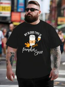 Men's "My Blood Type Is Pumpkin Fragrance" Graphic T-Shirt - Casual, Breathable, Loose Short Sleeve T-Shirt, Suitable For Summer Outdoor Activities, Outdoor Casual Wear |   Fun Print |   Comfortable Style, Machine Washable, Halloween, Christmas Gifts - Black - View 1