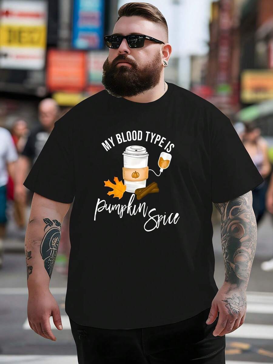 Men's "My Blood Type Is Pumpkin Fragrance" Graphic T-Shirt - Casual, Breathable, Loose Short Sleeve T-Shirt, Suitable For Summer Outdoor Activities, Outdoor Casual Wear |   Fun Print |   Comfortable Style, Machine Washable, Halloween, Christmas Gifts - Black - View 1