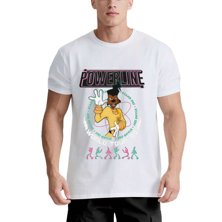 Camiseta Unisex A Goofy Movie Powerline - 220g Algodón, Impresión "Groovy Tee" de la Gira Mundial de 1995, Blanco y Negro, Lavable a Máquina, Eventos de Nostalgia de los 90 y Casual Diario para Fans - Blanco - Ver 1