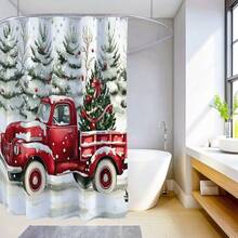1pc Christmas Tree, Red Car, Star Topper, Snowy Pine Tree Pattern Digital Printing Shower Curtain, Minimalist Luxurious Style, Mildew Resistant Waterproof, 12 Plastic Hooks And Metal Eyelets, Sturdy Bathroom Accessory, Suitable For Christmas Home Decor