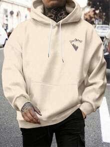 男士山地图案抽绳连帽衫，长袖上衣