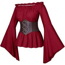 Womens Renaissance Victorian Peasant Ruffle Smocked Waist Boho Pirate Shirt Blouse With Belt Set{"Size_name":"3X-Large","Color_name":"Red"} - Red - View 1