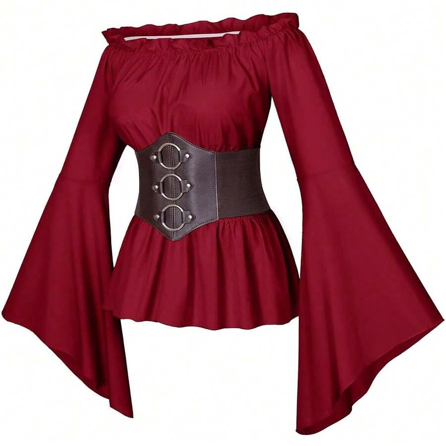 Womens Renaissance Victorian Peasant Ruffle Smocked Waist Boho Pirate Shirt Blouse With Belt Set{"Size_name":"3X-Large","Color_name":"Red"} - Red - View 1