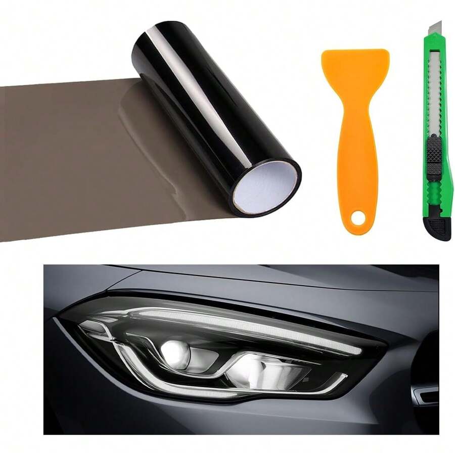 Car Light Tint Film, 46.8" * 11.8" Extra-Wide Waterproof Headlight Taillight Tint Wrap Roll, Self Adhesive Film Sticker Sheet For Car Headlight Tail Lights With Squeegee+Cutter (Light Black)