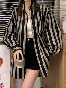 条纹印花休闲纽扣长袖衬衫 - 彩色 - 查看 1