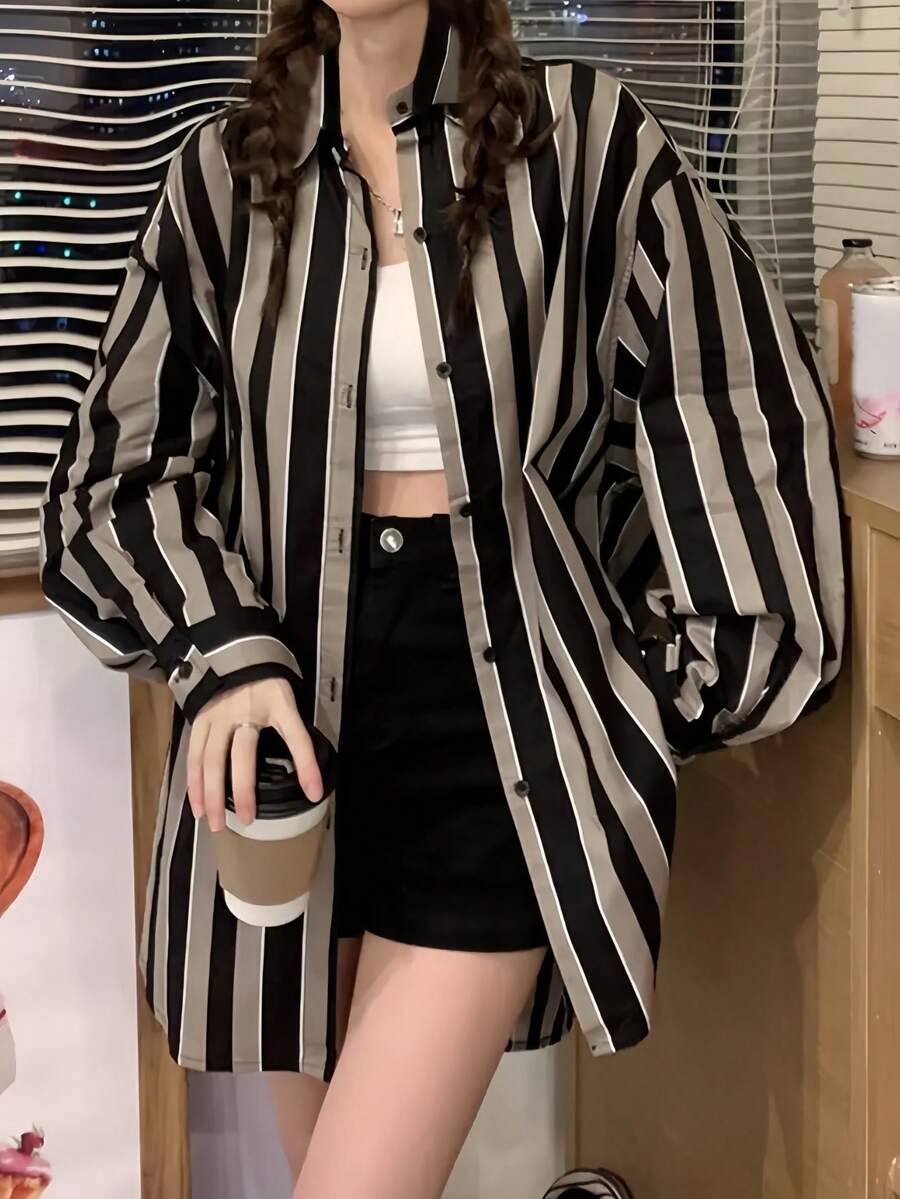 条纹印花休闲纽扣长袖衬衫 - 彩色 - 查看 1