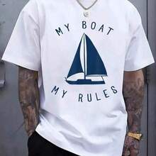 Funny My Boat My Rules - Captain Sea Sailing Boating T-Shirt, Casual Crew Neck Short Sleeved Summer Vintage Shirts Graphic Tees Men Camisas Para Hombre Funny Shirts Printed & Shipped In USA Men Tops Summer220g High-Quality Pure Cotton T-Shirt With Minimalist Printing, Soft And Breathable Fabric, Comfortable And Loose, Suitable For All Day Wear, Suitable For Office Casual Wear, Spring And Summer Daily Appearance, Elegant And Youthful Design Ropa De Hombre - 白色3 - 查看 6