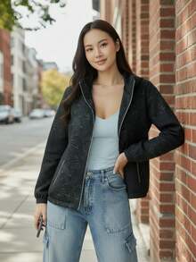 Damen Reißverschluss Kapuzenjacke leicht Lässig Windbreaker mit Taschen, botanisches Blattmuster, schwarze Outdoor Streetwear