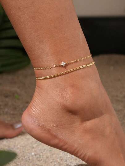 2pcs/Set Women Anklet Set, Boho Summer Beach Vacation Stacking Style, Copper Inlaid Zirconia Four-Leaf Clover Pendant Golden Electroplated Hollow Chain Double Layer Anklet Bracelet Accessory Gift