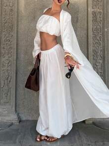 三件套：宽松缎面纹理超长夹克、抹胸上衣和阔腿裤，时尚法式简约风格，适合休闲和度假 - 白色 - 查看 3