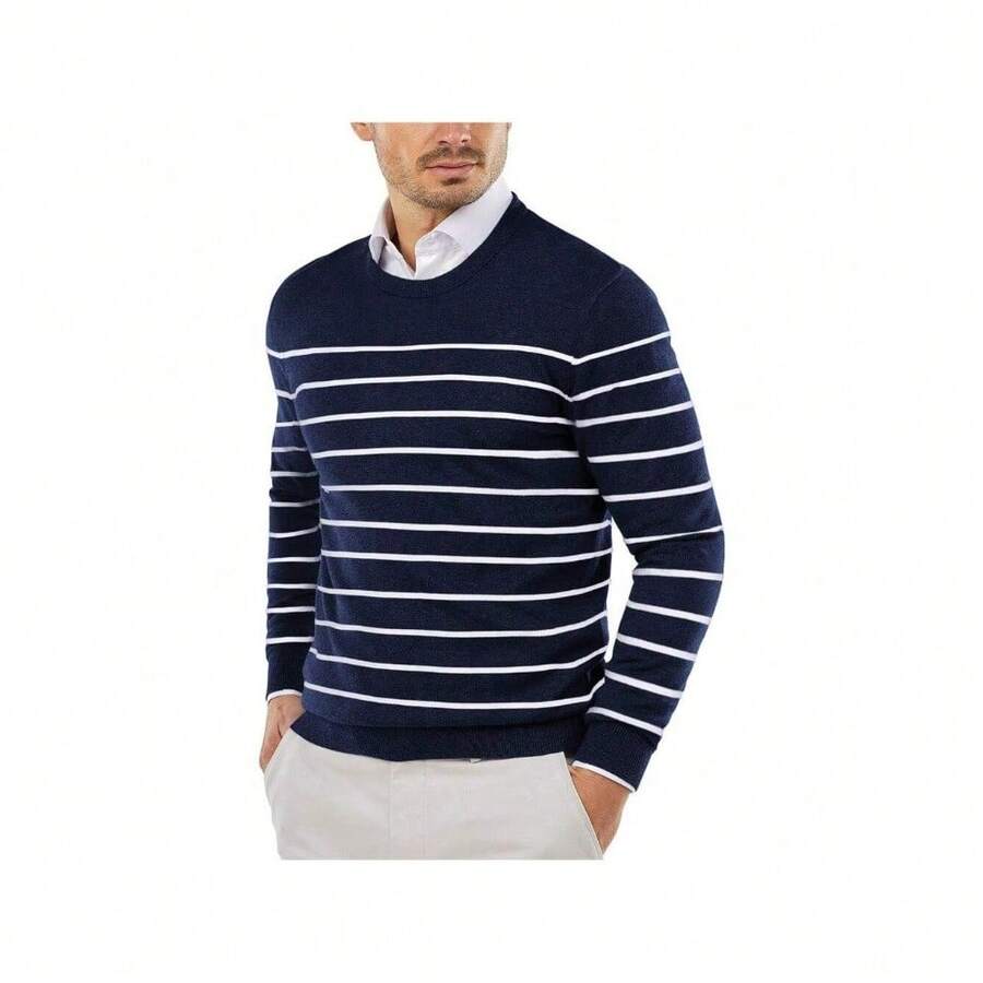 Men's Crew Neck Sweater Slim Fit Lightweight Sweatshirts Knitted Pullover For Casual Or Dressy Wear - 海軍藍/白色水手條紋 - 查看 1