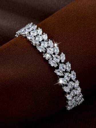 1pc Elegant 18K White Gold Plated Zirconia Geometric Decor Chain Bracelet, Suitable As Anniversary Gift For Women