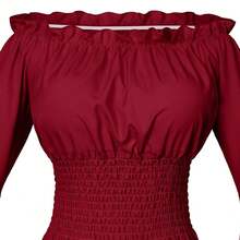 Womens Renaissance Victorian Peasant Ruffle Smocked Waist Boho Pirate Shirt Blouse With Belt Set{"Size_name":"3X-Large","Color_name":"Red"} - Red - View 8