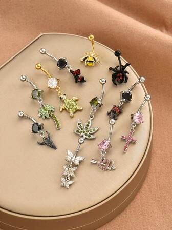 Anillos de ombligo de acero inoxidable con rhinestones, hipoalergénicos, adecuados para Halloween - Corazón, Cruz, Mariposa, Hoja de Arce, Árbol de Coco, Tortuga, Abeja, Tacón Alto, Calavera, Cabeza de Toro, Araña