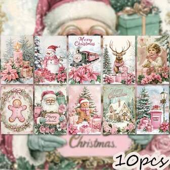 Set de 10 tarjetas postales vintage de color rosa - Papá Noel, renos, muñeco de nieve y patrones florales navideños, de papel de alta calidad para decorar paredes y neveras, decoración navideña para el hogar y la oficina, tarjetas de Navidad retro