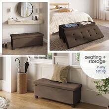 Storage Ottoman with Storage Bins, 30 - In Storage Bedroom End of Bed, Folding Foot Rest Ottoman with Storage Living Room, Storage Chest 660lbs, Faux Leather Ottoman, Brown - 06 - Tela café + 38,1P x 109,2W x 38,1W cm - Ver 5