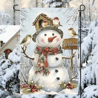 1pc Welcome Winter Snowman & Birds Garden Flag - Double-Sided Durable Polyester & Burlap, Fade-Resistant, High Quality, Machine Washable 12x18 Inch Outdoor Christmas Decoration With Snowman, Birds & Holly Berries Design, Holiday Yard Decor, Festive Holiday Print, Faderesistant Material, Festive Homeowners, Winterthemed Decor, Bird Motif, High Quality Material, Seasonal Decorators