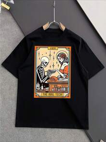 Camisetas casuales para hombres de 250g algodón puro grueso y cómodo con estampado de calavera haciendo uñas en estilo de tarot "The Nail Tech" - Negro - Ver 2
