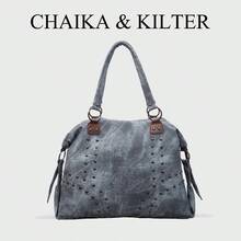 CHAIKA & KILTER 1 chiếc Túi đeo vai bằng vải PU trơn màu, Túi tote cổ điển thường ngày cho nữ, Túi đựng sách cho sinh viên đại học, Trang trí bằng đường khâu và đinh tán, Thiết kế quai xách đôi, Khóa kéo, Thích hợp cho việc mua sắm hàng ngày - Màu xanh lam - Xem 7