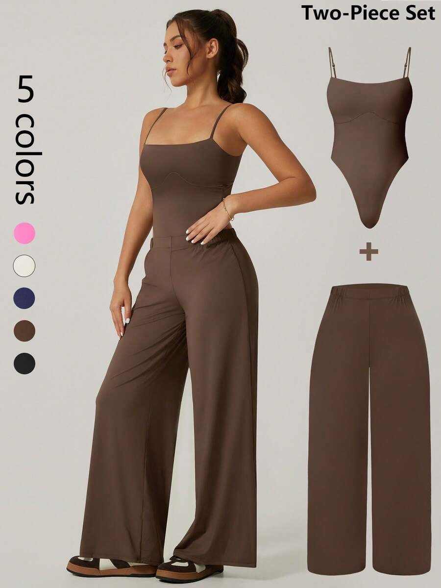 NcmRyu 1 Set Women's Solid Bodysuit Tops Trousers Set Biker Tracksuit Set StreetwearTracksuit Sporty Breathable Comfy Outfits For Gym Workout Running Ladies Sportswear Outfit Going Out Pants Summer - 咖啡棕 - 查看 1