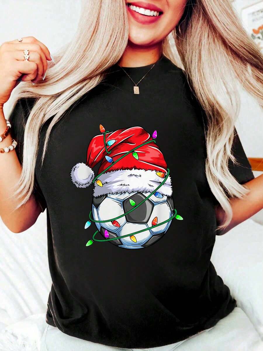 Casual Santa Soccer Ball Sports Design- Christmas Soccer Player T-Shirt Cotton Women Clothing Black Top Graphic Tees Women Christmas Clothes - màu đen - Xem 1