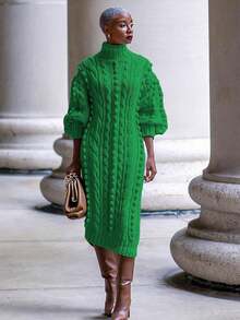 HERTALK Women's Pullover Sweater Dress Autumn And Winter Turtleneck Ribbed Chunky Knit Slit Midi Dress Fall Dresses For Women - 綠色 - 查看 1