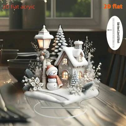 2D Acrylic Snowman House Desktop Decor, Classic Multipurpose Snowman Cottage Ornament, Ideal Gift For Friends And Family, Suitable For Office, Home Garden, Patio, Indoor/Outdoor Art Decoration