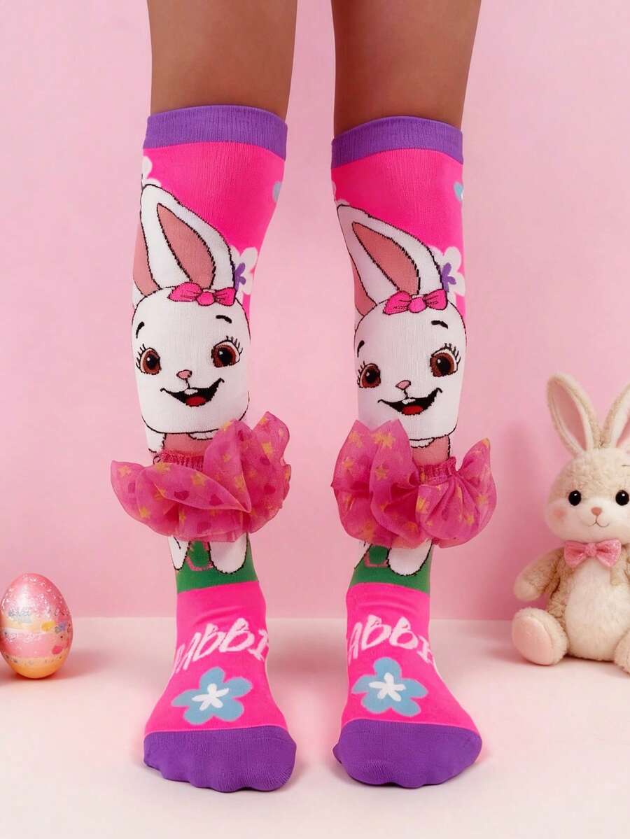 A Pair Of Girls' Cute Rabbit Over-The-Knee Socks With 3D Skirt Decorations, Suitable For Girls' Daily Wear, Party Outfits, And Ideal As A Holiday Gift.